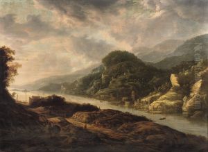 A River Landscape With Travellers On A Path And A Town Along The River by Cornelis Matthieu