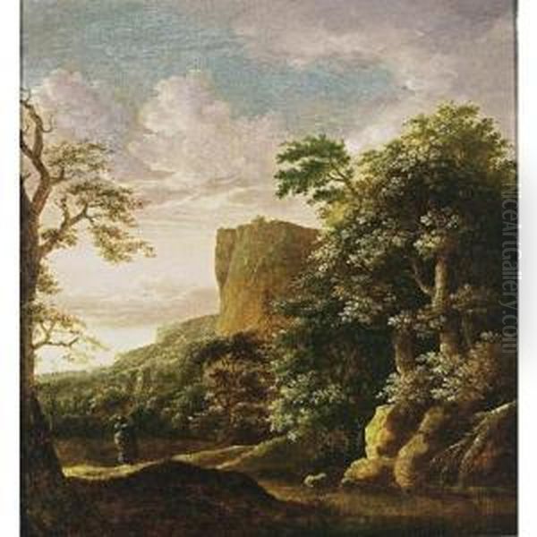 A Southern Wooded Landscape With A Traveller Near A Stream, Mountains Beyond - view 1