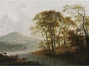 A Wooded River Landscape With A Shepherd And His Flock Resting by Cornelis Matthieu