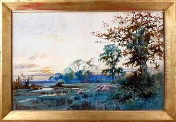Sunset Landscape With Sheep Grazing - view 1