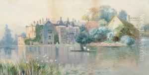 Attributed To William Matthison -- Punting On A River By A Manor House; Watercolour, 24.7x45.5cm