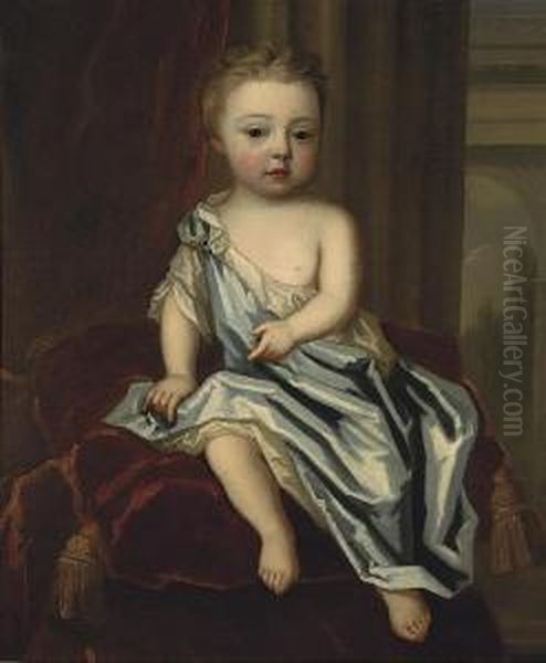 Portrait Of A Young Child, Full-length, In A Blue Mantle, Seated Ona Red Velvet Cushion - view 1
