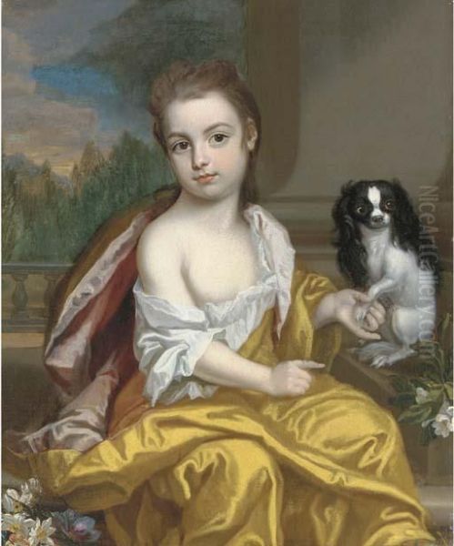 Portrait Of A Girl, Three-quarter-length, In A Yellow Dress Withpink Lining, Holding The Paw Of A Toy Spaniel To Her Left, A Columnand Landscape Beyond - view 1