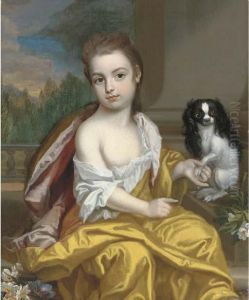 Portrait Of A Girl, Three-quarter-length, In A Yellow Dress Withpink Lining, Holding The Paw Of A Toy Spaniel To Her Left, A Columnand Landscape Beyond Portrait Of A Girl, Three-quarter-length, In A Yellow Dress Withpink Lining, Holding The Paw Of A Toy Spaniel To Her Left, A Columnand Landscape Beyond