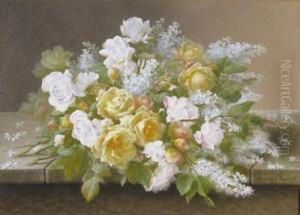 Still Life Of Yellow And White Roses With White Lilac by Raoul Maucherat de Longpre