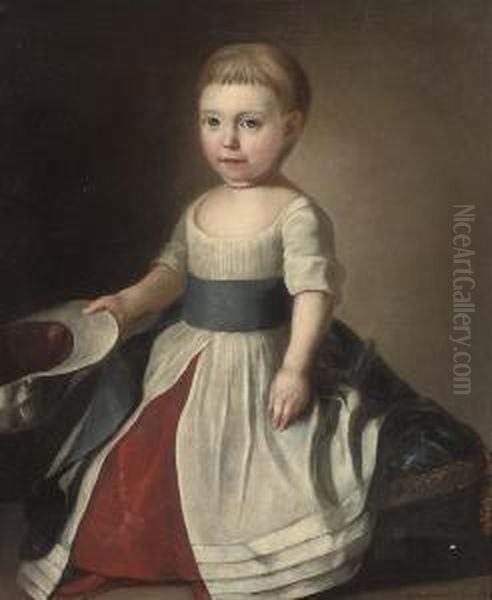 Portrait Of A Young Girl, Full-length, In A White And Red Dress With A Blue Sash, A Hat In Her Right Hand - view 1