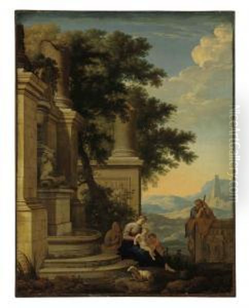 An Extensive Landscape With The Holy Family, Saint Anne And John The Baptist By Classical Ruins - view 1