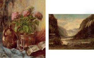 A Still Life With Hortensia, A Book, A Jug And A Glass On A Draped Table by Hermann Maurer