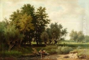Sommerlandschaft Mit Wascherinnen An Einem Bach