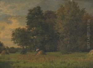 A Woman Working In A Field With A Wooded Landscape Beyond by Jacob Maurer