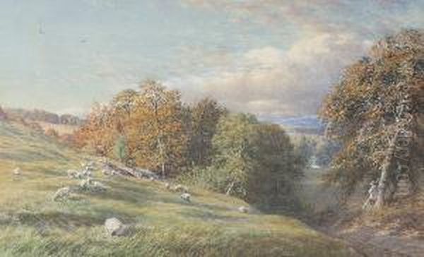 A Wooded Hilly Landscape With Sheep Grazing To The Fore, A Shepherd Nearby Leaning On A Silver Birch, Signed And Dated 1868, Watercolour - view 1