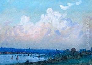 A River Estuary With Town And Shipping,possibly The Medway