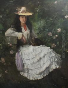 Young Lady Seated With A Cat In A Rose Garden