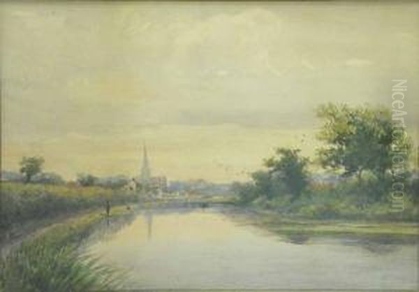 River Scene With Village In The Distance - view 1