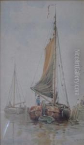 Sailing Boats By The Jetty by Walter William May