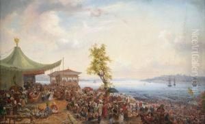 Festliches Treiben Am Ufer Des Bosporus by Auguste Etienne Francois Mayer