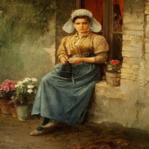 A Young Girl Sitting In A Windowsill Outside A House by Constant Mayer