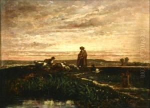 Shepherd With Flock, Sunset by Constant Mayer