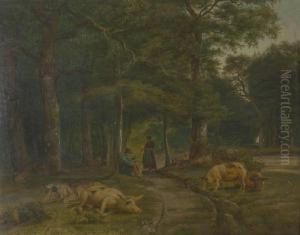 Waldlichtung Mit Hirtenpaar Und Ruhenden Schweinen.
