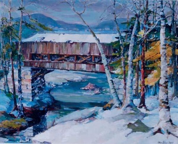 Vermont Winter Landscape With Wooden Covered Bridge - view 1