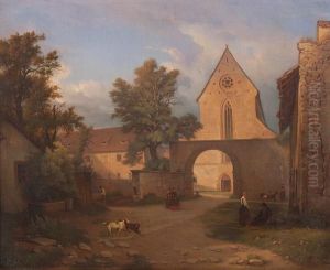 Figures Before A Church In A Village