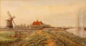Wherry On The Broads Passing A Farm And Windmill by William Edward Mayes