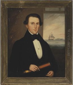 Portrait Of Captain Platt Out Of Portsmouth, With A Clipper Ship In The Distance