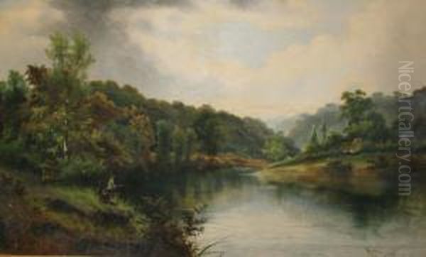 Extensive Riverlandscape With Figures Fishing, A Rustic Cottage Beyond - view 1