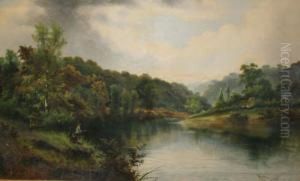 Extensive Riverlandscape With Figures Fishing, A Rustic Cottage Beyond