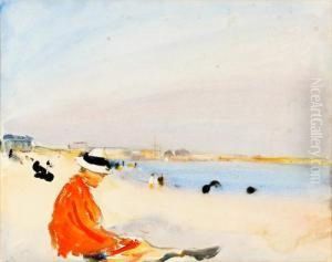 Seated Woman In Red On A Beach Seated Woman In Red On A Beach