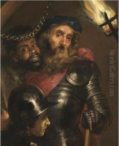 A Gentleman Wearing Armour And A Red Sash With A Moor And A Guard