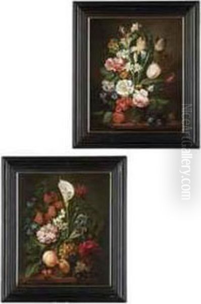 Still Life With A Peach, Plums, An Apple And A Vase Of Flowers On Aledge; - view 1
