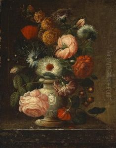 A Still Life With Roses And Other Flowers In A Vase by Johann Nepomuk Mayrhofer