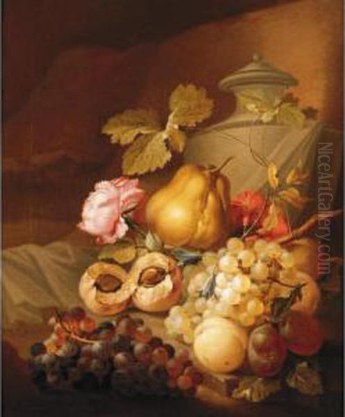 Still Life Of Bunches Of Grapes, Peaches, Plums, Carnations And A Rose Together With A Stone Urn - view 1