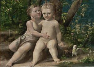 Infant Christ With The Infant Saint John The Baptist by Girolamo Mazzola Bedoli