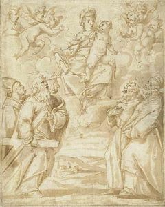 The Virgin And Child Adored By Saints by Giulio Mazzoni
