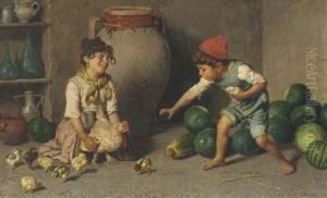 Children Playing With A Mother Hen And Her Chicks by Federico Mazzotta
