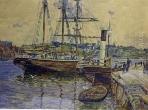 Signed And Dated , Watercolour, Scottish Harbour Scene With Boats And Figures, 14