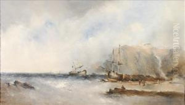 Rocky Coastal Scene With Vessels In Choppy Waters - view 1