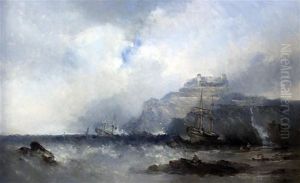 Bamburgh Castle With Ships Wrecking On The Shore Bamburgh Castle With Ships Wrecking On The Shore