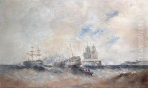 A Large Coastal Scene, Man Of War And Wreck At A Harbour Entrance