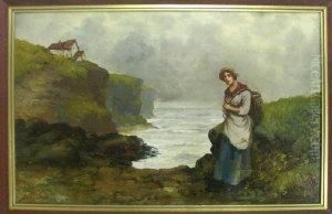 A Fishergirl Near A Cliff Top Cottage by James Mccolvin