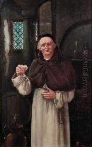 Full Length Portrait Of A Standing Monk With A Glass Of Wine
