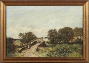 Country Landscape With Figures On A Bridge by Norman M. Mcdougall