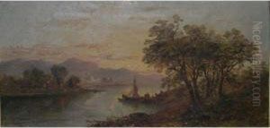 An Irish River Landscape With Figures About To Cross The River In A Sail Boat, Mountains Beyond. by William McEvoy