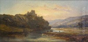 Mountain River Landscape With Figures; Castle By River With Figures And Cattle