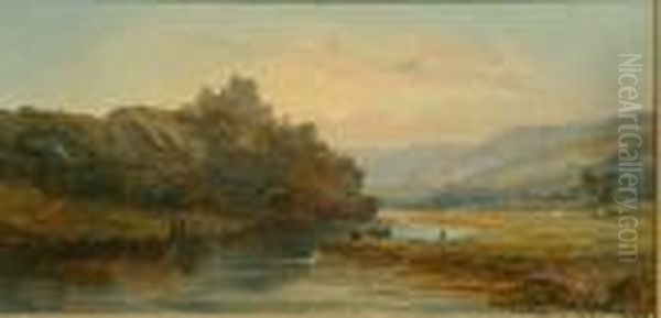 A River Scene With Cattle Grazing And A Castle Beyond At Sunset; An Upland River Scene With Mountains Beyond - view 1