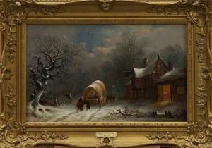 Winter Scene With Travellers And A Coveredwagon Beside An Inn