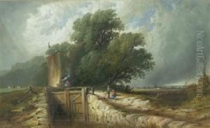Figures On A Wooded Path By A Lock