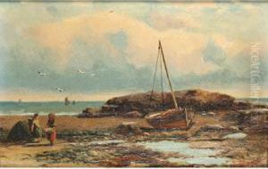Two Figures Carrying A Cockle Basket Along A Craggy Seashore